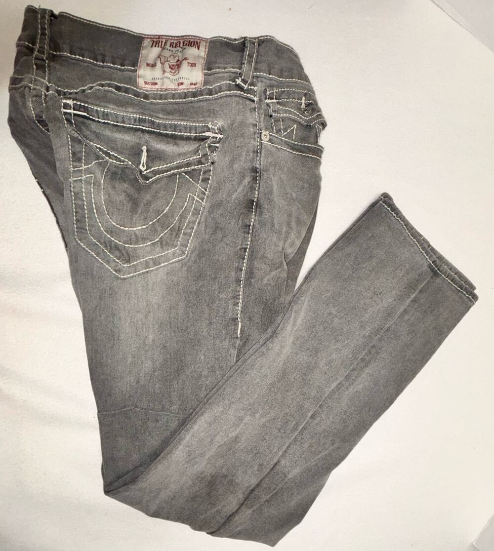 True Religion Jeans 34x32.5 Gray Ricky Flap Pocket Straight Leg Distressed READ